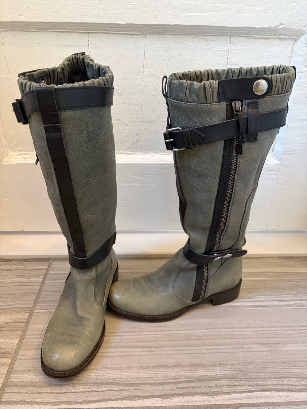 Vintage Balenciaga Sage Leather Motorcycle Boots with Fur Lining
